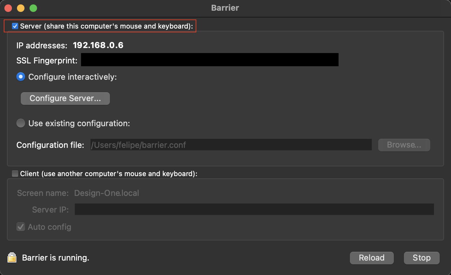 Barrier running on macOS as server.